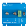 Top-down view of blue Victron Battery Protect 220A showing M8 terminals and digital display