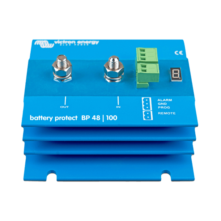 Front view of blue Victron 48V 100A Battery Protect with M8 terminals and digital display