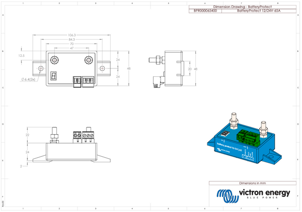 Technical dimension drawing of Battery Protect 65A with measurements in millimetres