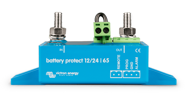 Front profile of Victron Battery Protect 65A showing M6 power studs and terminal interface