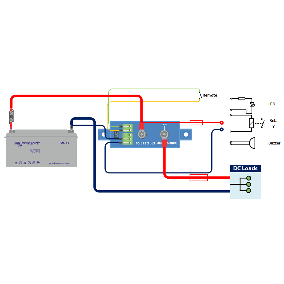 System wiring diagram for Victron Battery Protect showing battery, load and remote switch connections