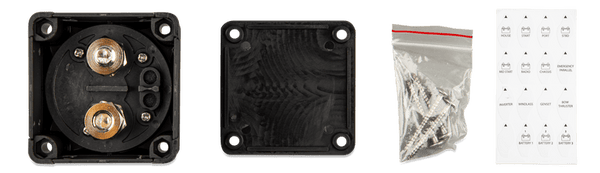 Rear view of battery switch with copper terminals, mounting screws, and labels