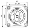 Dimensional drawing of the Victron 275A battery switch showing 69mm square dimensions