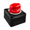 Isometric view of black Victron battery switch housing and red control knob