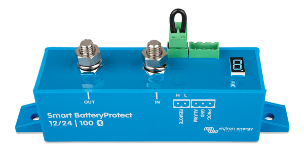 Front perspective of blue Victron BatteryProtect showing screw terminals and connection ports