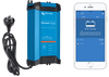 Blue battery charger with AU power plug and smartphone showing Bluetooth app interface