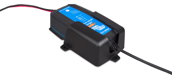 Perspective view of a Victron Blue Smart IP65 charger inside its wall mount bracket