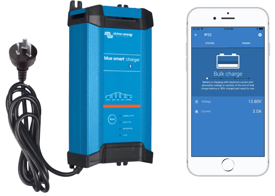 Victron Blue Smart IP22 12V 15A battery charger with Australian plug and smartphone app interface