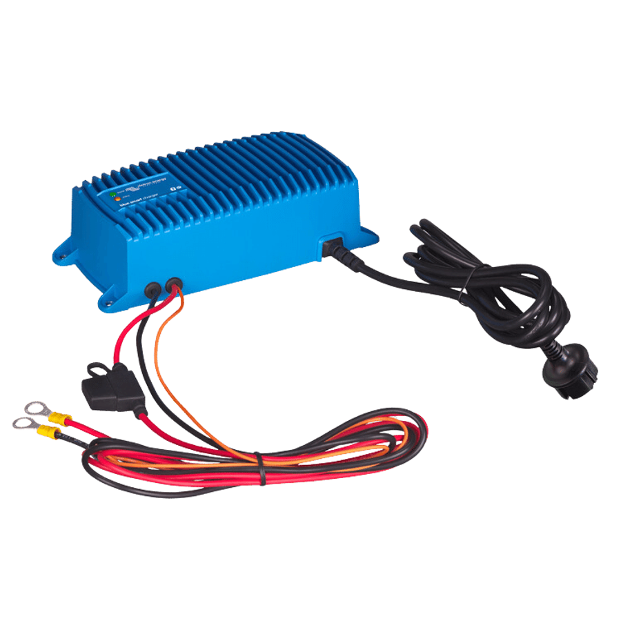 Blue Smart IP67 12V 17A charger with integrated AC power plug and battery cables with ring terminals
