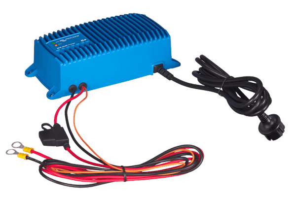 Blue Smart IP67 12V 17A charger with integrated AC power plug and battery cables with ring terminals