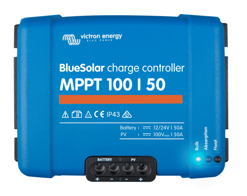 Top-down view of BlueSolar MPPT 100/50 solar charge controller showing status lights and terminals