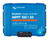 Top-down view of BlueSolar MPPT 100/50 solar charge controller showing status lights and terminals
