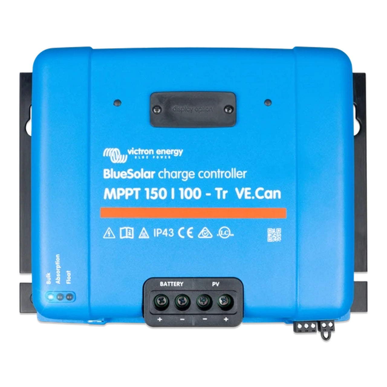Front view of a blue Victron BlueSolar MPPT 150/100-Tr charge controller with status LEDs