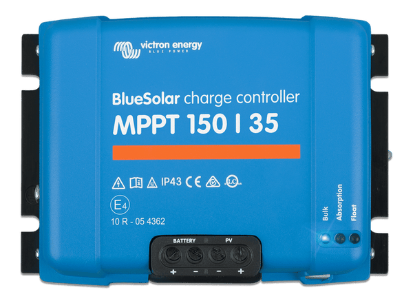 Front view of blue Victron BlueSolar MPPT 150/35 solar controller with status LEDs and power terminals