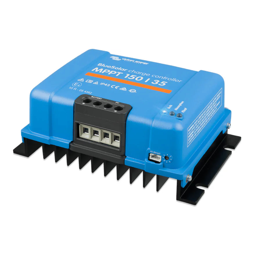 Angled view of MPPT 150/35 charge controller showing the VE.Direct communication port