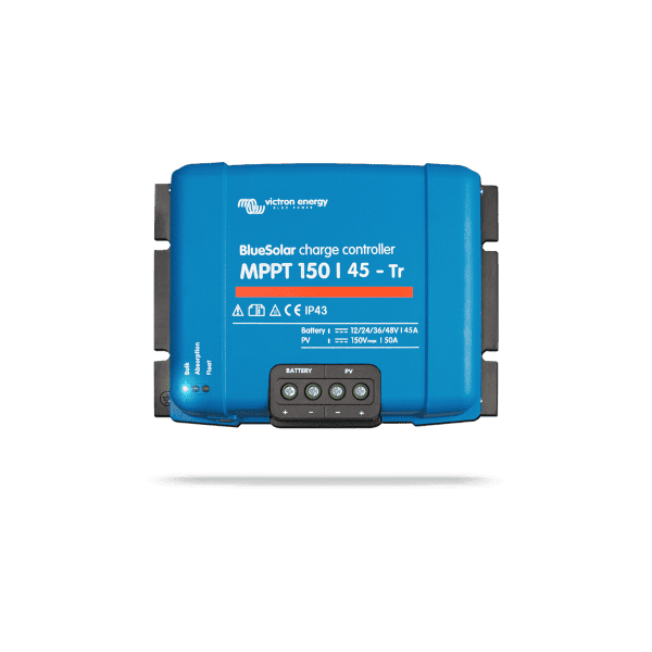 Front view of a blue Victron BlueSolar MPPT 150/45-Tr solar charge controller with status LEDs and labels