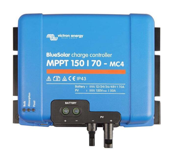 Front view of Victron BlueSolar MPPT 150/70 solar charge controller with MC4 connectors