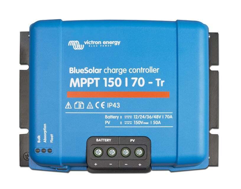 Front view of Victron MPPT 150/70 solar charge controller with terminal labels and status LEDs