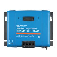 Front view of BlueSolar MPPT 250/70 solar charge controller showing interface and terminals
