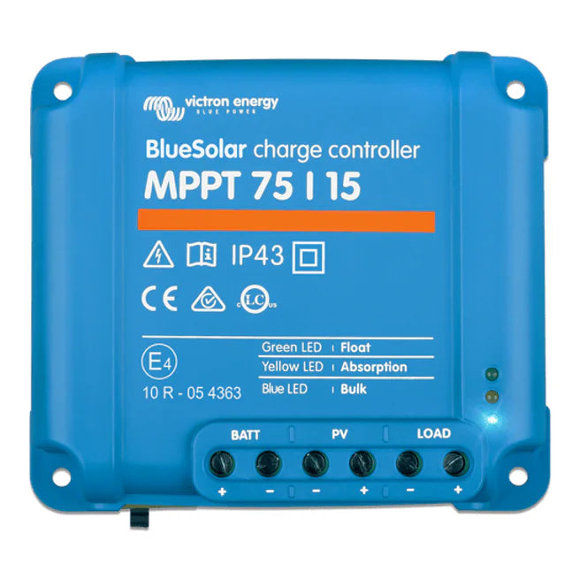 Front view of Victron BlueSolar MPPT 75/15 charge controller showing indicator LEDs and wiring terminals