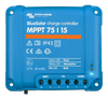 Front view of Victron BlueSolar MPPT 75/15 charge controller showing indicator LEDs and wiring terminals