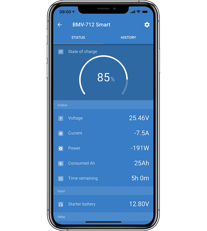 Smartphone screen showing VictronConnect app interface with battery status and real-time data