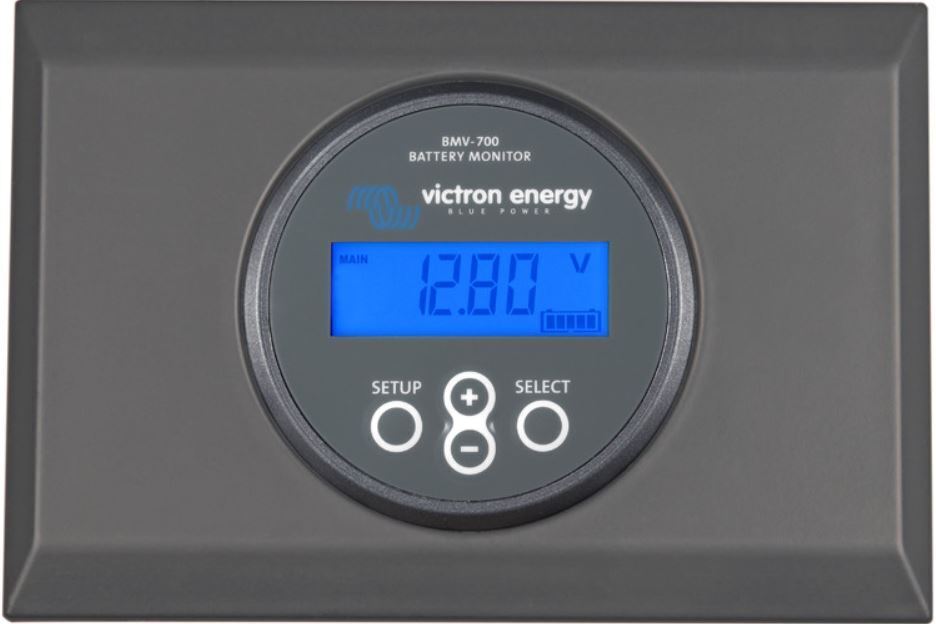 Victron BMV-700 battery monitor installed in the grey wall mount enclosure