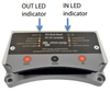 Close-up of the converter indicator panel with labelled OUT and IN LED markers
