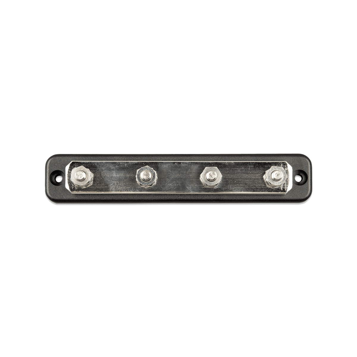 Top view of a 4-terminal busbar showing the tin-plated copper strip and mounting holes