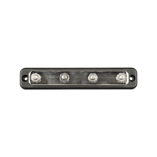 Top view of a 4-terminal busbar showing the tin-plated copper strip and mounting holes