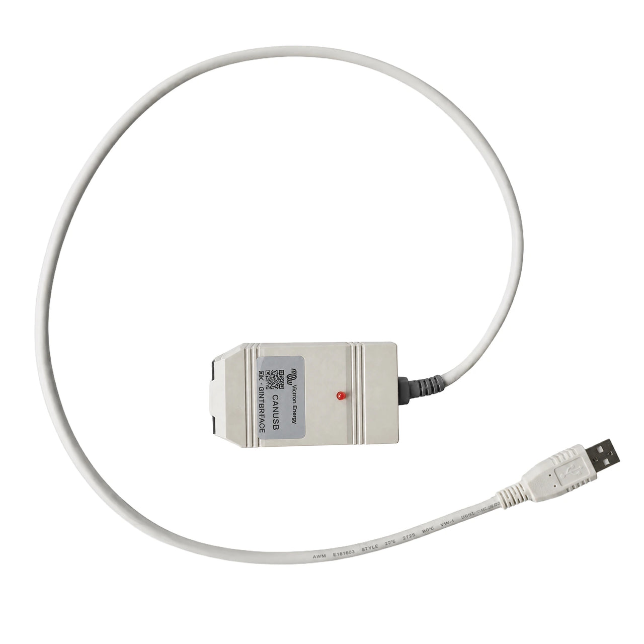 White Victron CAN-USB interface cable with integrated converter box and status LED indicator