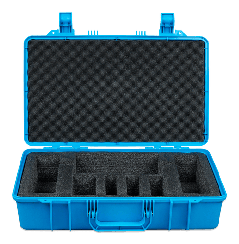 Internal view of the open carry case with custom-cut foam compartments