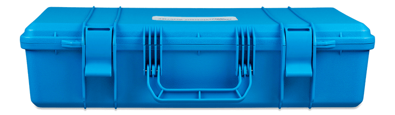 Side profile of the blue carry case showing the sturdy handle and dual latches