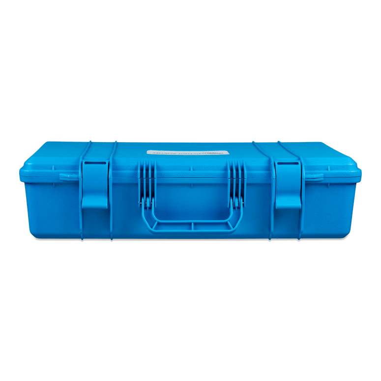 Side profile of the blue carry case showing the sturdy handle and dual latches