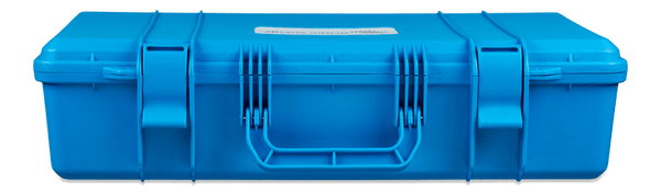 Side profile of the blue carry case showing the sturdy handle and dual latches