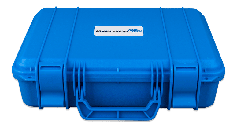 Top perspective view of the closed blue Victron carry case showing structural ribbing