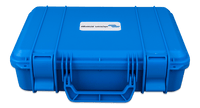 Top perspective view of the closed blue Victron carry case showing structural ribbing