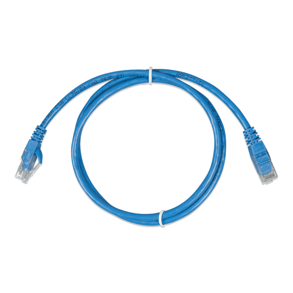 Coiled 0.3m blue Cat5e RJ45 UTP Ethernet patch cable with clear modular connectors