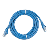 Coiled 10m blue Cat5e RJ45 UTP Ethernet patch cable with clear modular connectors