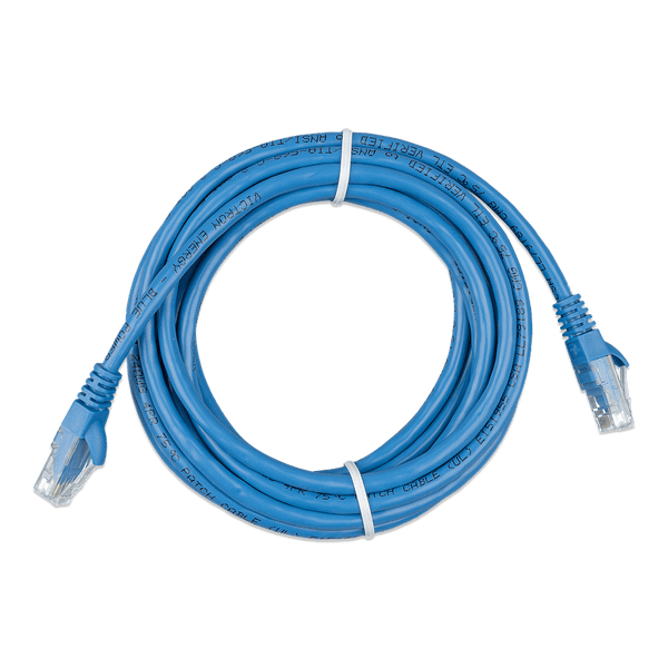 Coiled 10m blue Cat5e RJ45 UTP Ethernet patch cable with clear modular connectors
