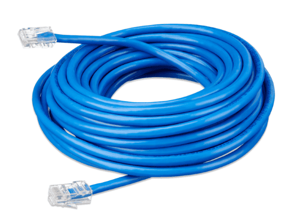 Coiled 20m blue Cat5e RJ45 UTP Ethernet patch cable with clear modular connectors