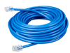 Coiled 20m blue Cat5e RJ45 UTP Ethernet patch cable with clear modular connectors