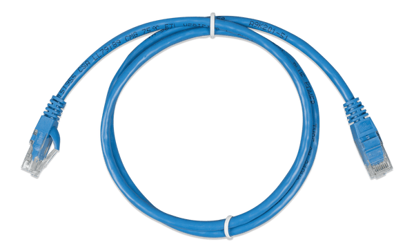 Coiled 0.9m blue Cat5e RJ45 UTP Ethernet patch cable with clear modular connectors