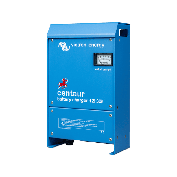 Side perspective of the Victron Centaur 12V 30A blue metal enclosure battery charger