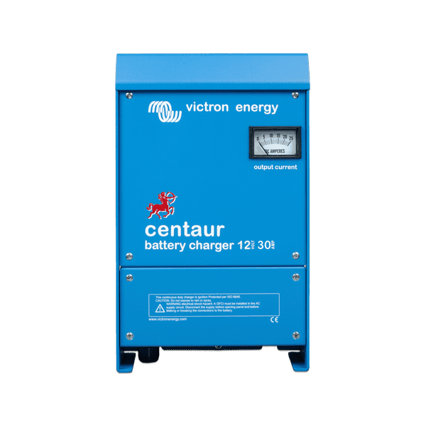 Front view of blue Victron Centaur 12V 30A battery charger with analogue ammeter