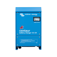 Front view of blue Victron Centaur 12V 30A battery charger with analogue ammeter