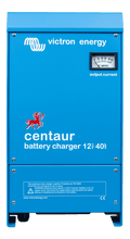 Victron Centaur 12V 40A battery charger in blue aluminium enclosure with analogue output current ammeter