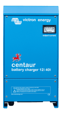 Victron Centaur 12V 40A battery charger in blue aluminium enclosure with analogue output current ammeter