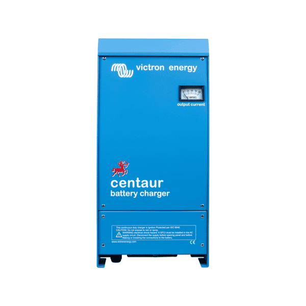 Front view of blue battery charger with output current ammeter
