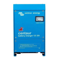 Front view of blue Victron Centaur 12V 20A battery charger with analogue ammeter